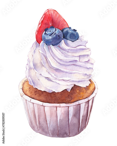 Watercolor cupcake decorated blueberries and strawberry