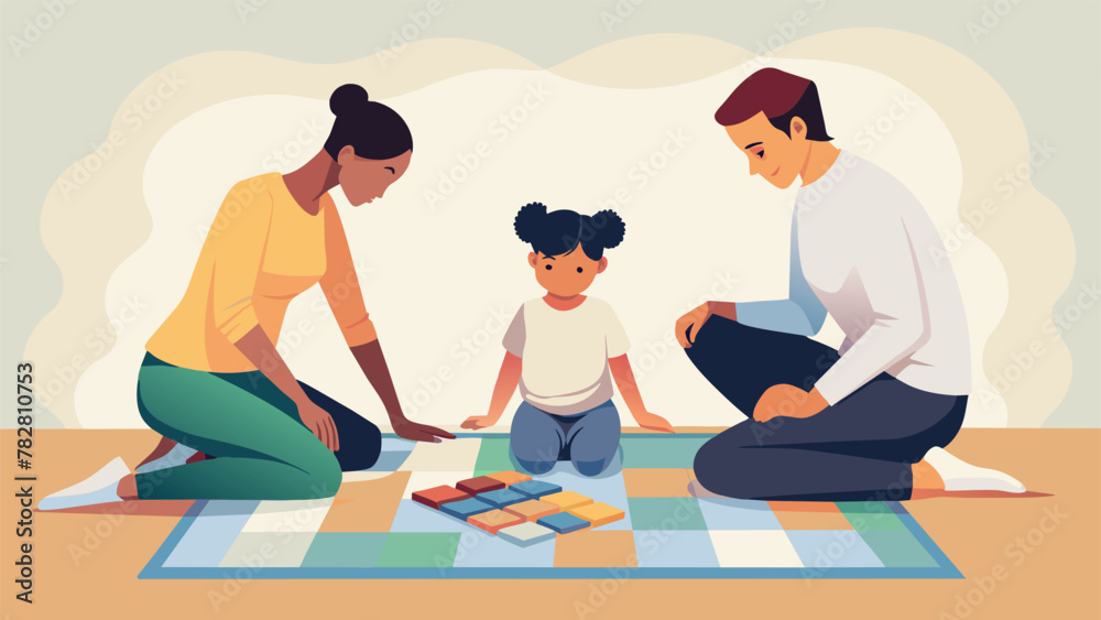 Fototapeta premium A young child sitting on the floor spelling out words with colorful Scrabble tiles learning the basics of the game while their parents proudly