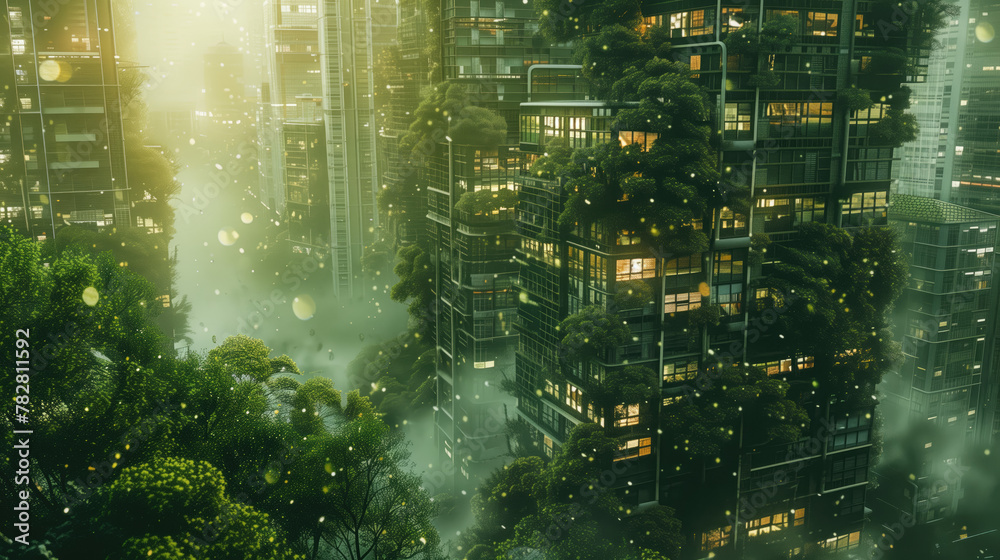 Splendid environmental awareness city with vertical forest concept of metropolis covered with green plants. Civil architecture and natural biological life combination. Digital art generative AI 