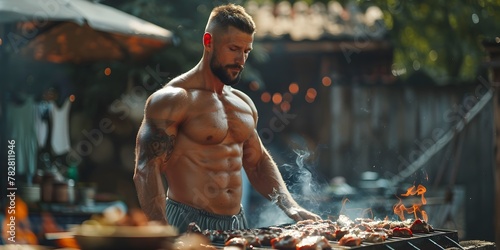 Muscular Athlete Grilling Meats at Outdoor Barbecue in Summer Afternoon