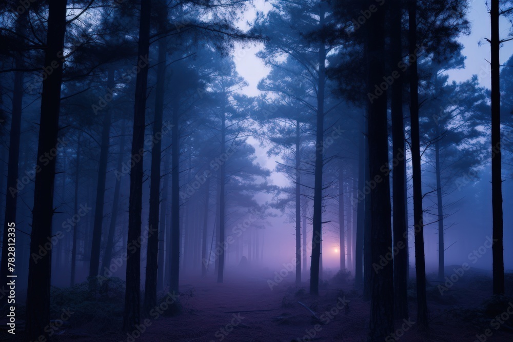 Obraz premium At twilight, the foggy pine forests are nature's lullaby, with the sun's serene serenade painting indigo and amethyst shades