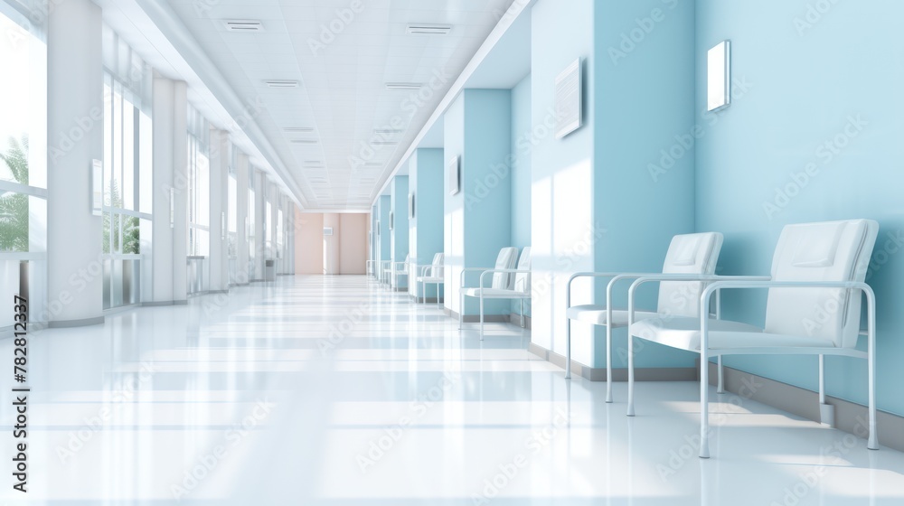 A long, bright hospital corridor with rooms and seating.