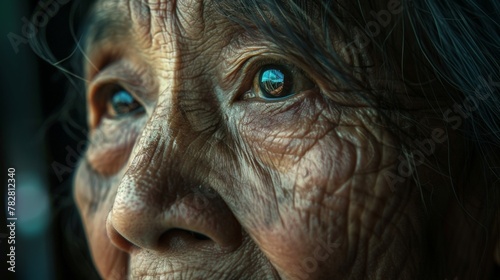 A weathered face of an older Asian woman, her eyes reflecting wisdom and experience © crazyass