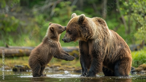 A mother bear lovingly plays with her adorable cub photo