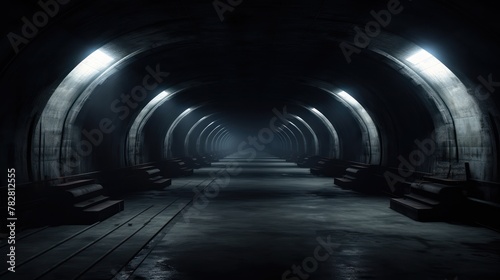 Dark concrete tunnel with LED white lights underground, corridor, cement