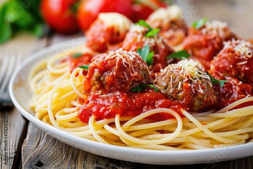 A tempting plate of spaghetti topped with rich tomato sauce and meatballs.