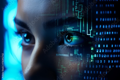 Close up of a woman's face with a futuristic background