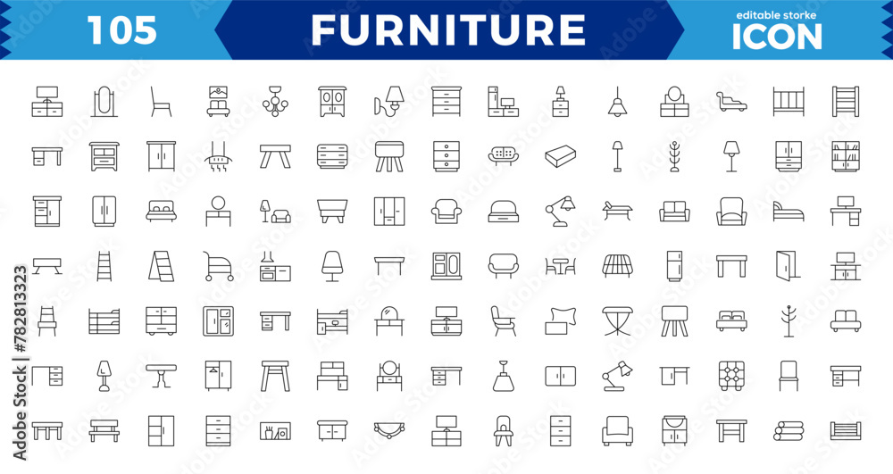  Furniture, icon set. Home interior, linear icons. Piece of furniture for the living room, bedroom, office, workplace, children's room and kitchen. Line with editable stroke icon set editable stroke