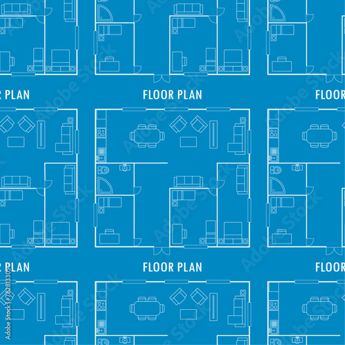 Housing architecture. Seamless pattern with house blueprint engineering drawings and plan on blue background. Structural engineering. Floor plan. Texture template, wallpaper.