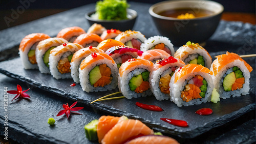 Delicious gourmet sushi rolls on a black plate and clean dark background