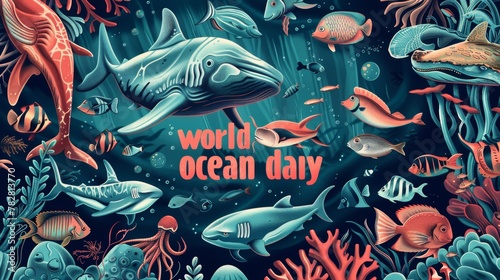 A poster for “world ocean day” with fish and sea creatures 