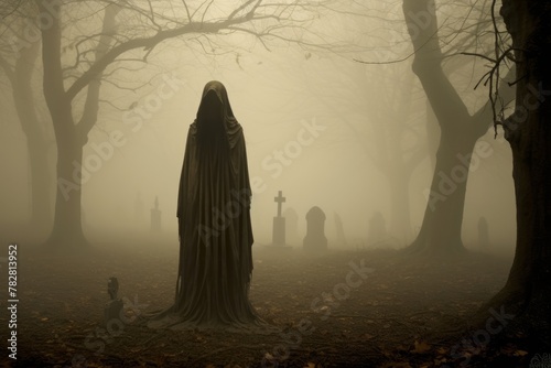 Hooded figure walking through a foggy graveyard