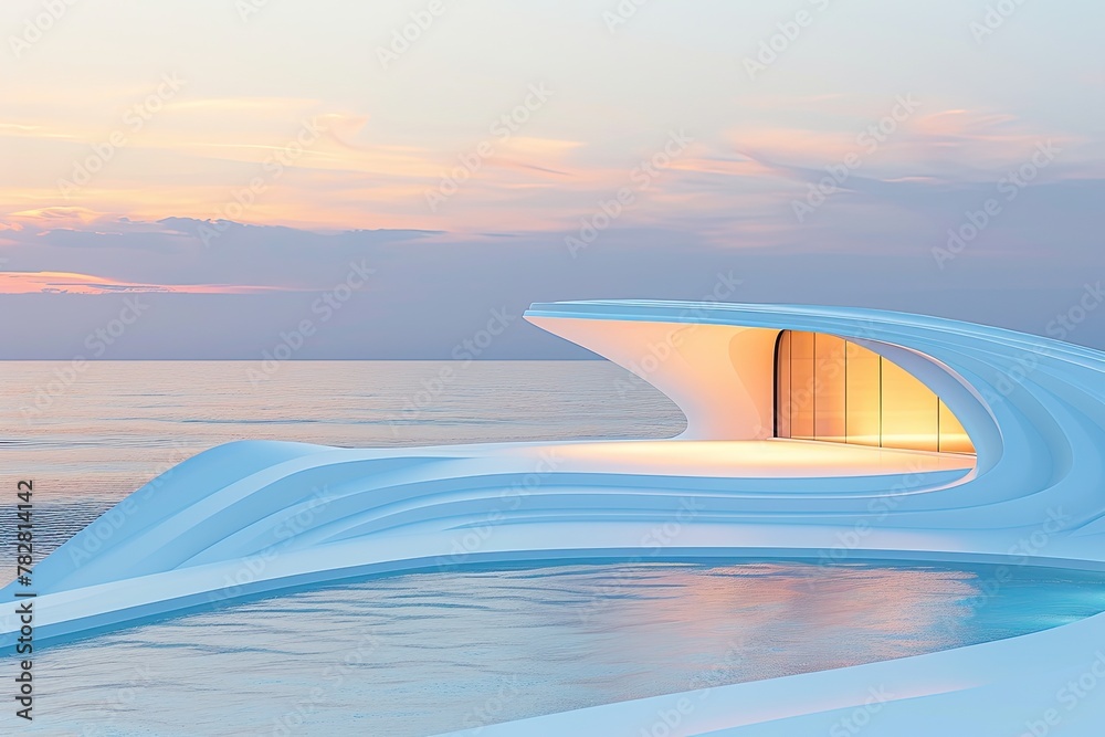 View of Curvy futuristic architecture on the beach with an infinity pool ...