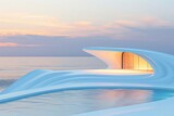 Curvy futuristic architecture on the beach with an infinity pool overlooking the ocean at sunset.