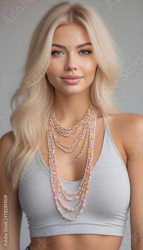Portrait of a beautiful blonde girl with long hair in a gray tank top and beads
