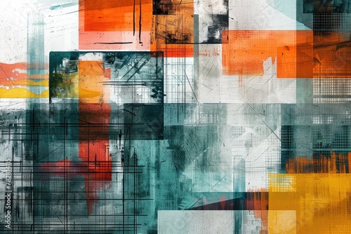 An abstract painting with a grid of squares in various colors.