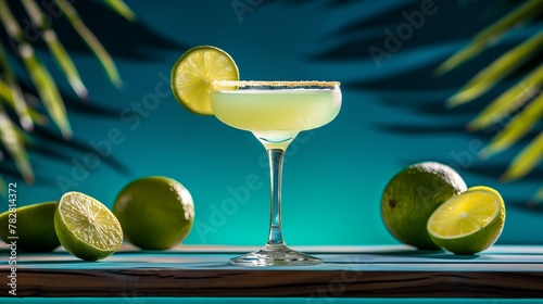 Daiquiri cocktail glass with a tropical backdrop, Classic Lime rum Daiquiri Cocktail with lime fruit and palm leaves, AI generated