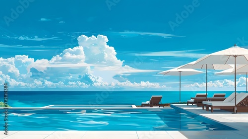 Serene Tropical Resort Poolside View with Blue Sky and Sea. Ideal Vacation Destination. Modern Digital Artwork. Leisure and Travel Concept. AI © Irina Ukrainets