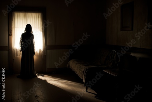 Shadowy figure in a dimly lit room