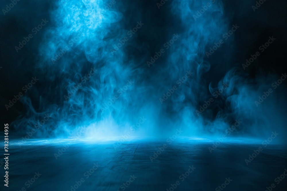 Abstract blue background with smoke and rays of light on the floor