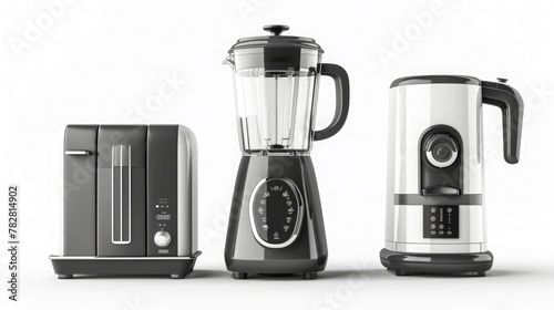 A set of sleek kitchen appliances, including a blender, toaster, and coffee maker, ready to make your morning routine a breeze. Isolated on pure white background.