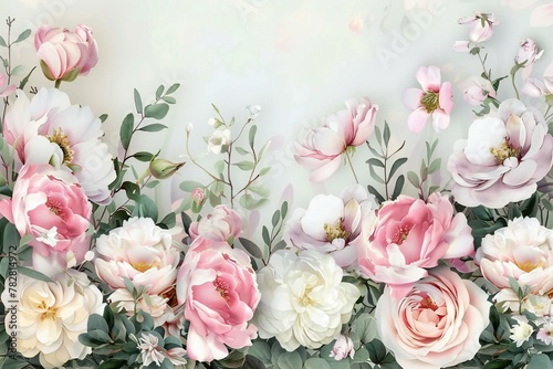 Beautiful floral background with roses, peonies and eucalyptus