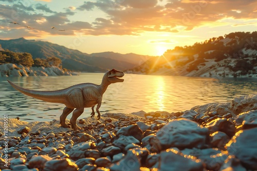 Dinosaur Stegosaurus on the shore of a lake at sunset photo