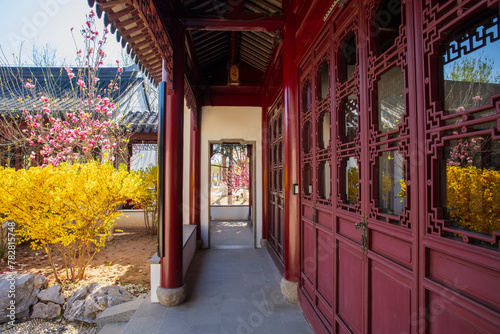 Ancient Chinese buildings in spring，jiangnan pavilions