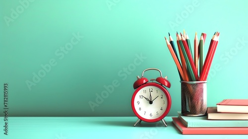 Bright workspace with red alarm clock and colorful pencils. Minimalistic style office desk. Modern home decor and organization concept. AI