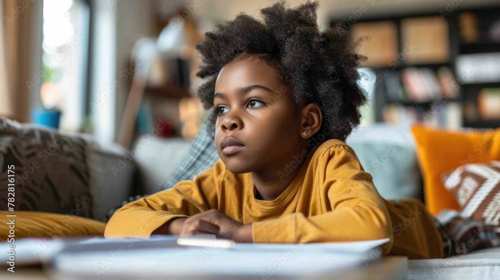Young Student Intently Focused on Homework Assignment in Thoughtful Young Student Intently Focused on Homework Assignment in Thoughtful