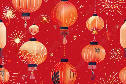 Seamless pattern with Chinese lanterns and fireworks on red background