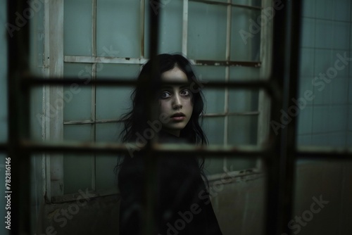 Portrait of a girl in a cage in the abandoned building photo