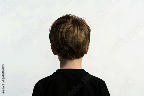 Back view of a young boy with short hair on white background