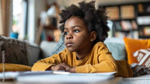 Young Student Intently Focused on Homework Assignment in Thoughtful photo
