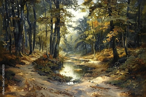 Beautiful autumn landscape with a river in the forest   Digital painting