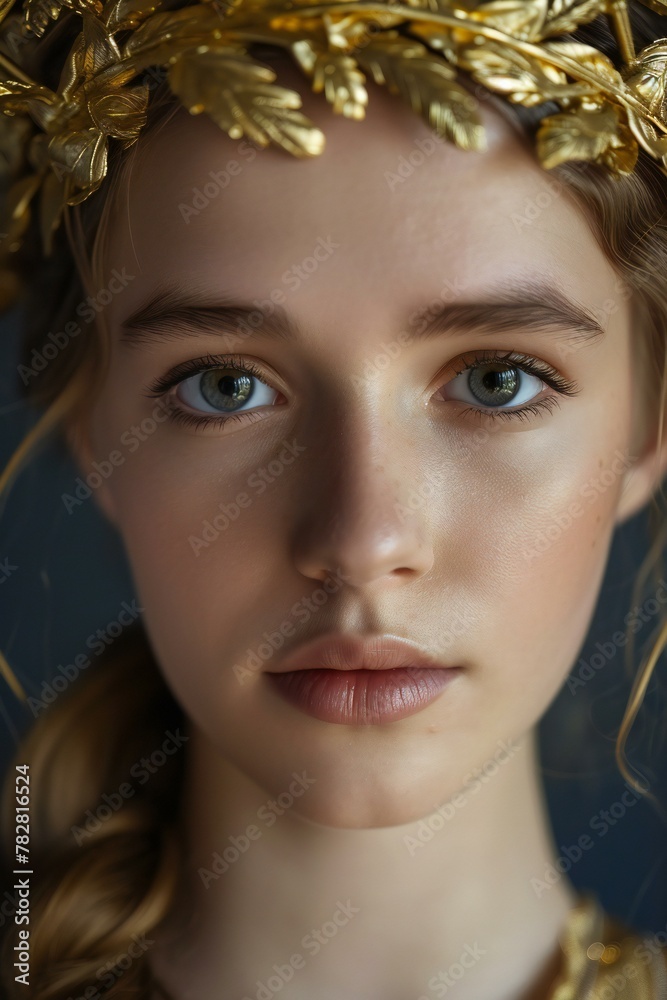 Close-up portrait of a beautiful girl with a golden crown on her head