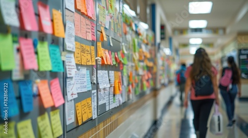 Bulletin Board Filled with Scholarship Opportunities for Ambitious Students description The image depicts a crowded bulletin board in a school or photo