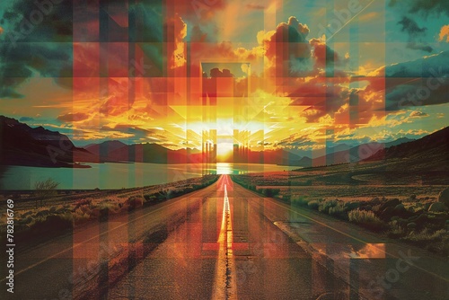 Sunset over the highway in the USA,  Conceptual image
