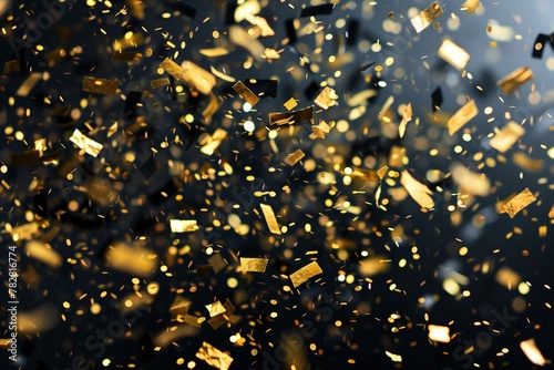 Golden confetti on black background, Festive background with bokeh effect