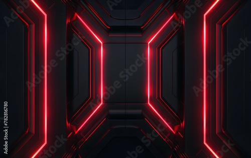 Futuristic corridor with vibrant red neon lighting on a dark background, depicting a sci-fi or cyberpunk theme