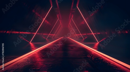 Atmospheric perspective of a crimson-lit tunnel with converging lines leading into the distance, evoking mystery and depth