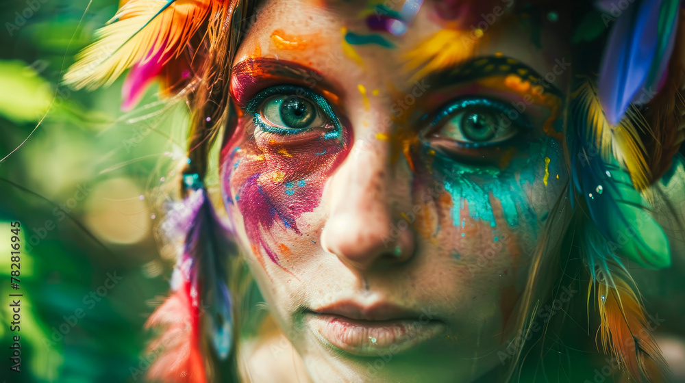 Colorful Festival Face Paint with Vivid Feathers and Expressive Eyes