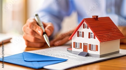Real estate concept with a small house model on a desk, an agent analyzing paperwork in the background. Suitable for property investment themes. AI