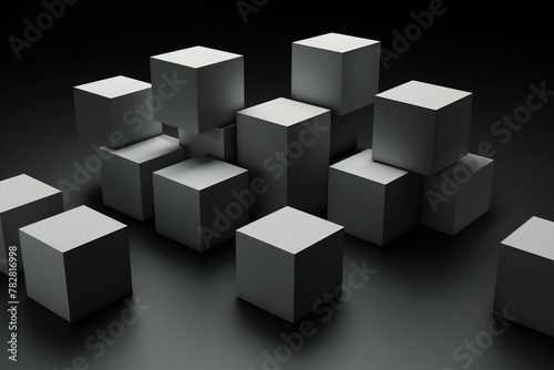 Abstract of chaotic geometric shapes, Reflective surface with black and white cubes