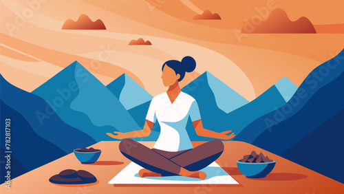 An abstract illustration of a woman sitting crosslegged on a colorful blanket surrounded by abstract mountain ranges and abstract coffee beans
