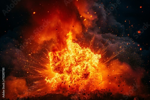 Big fire explosion with smoke and flames on black background