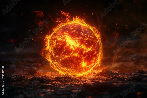 Glowing planet earth in flames on black background