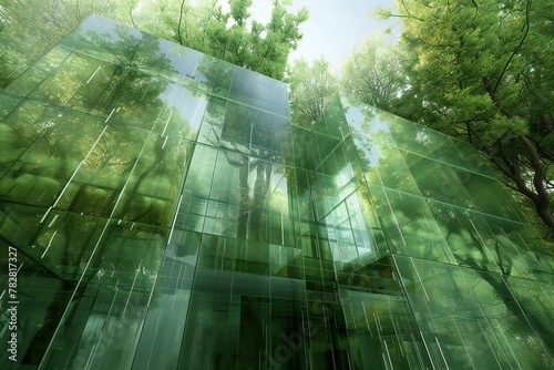 Glass wall of a modern office building with trees in the background © Cuong