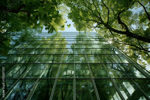 Reflection of trees in the windows of a modern office building