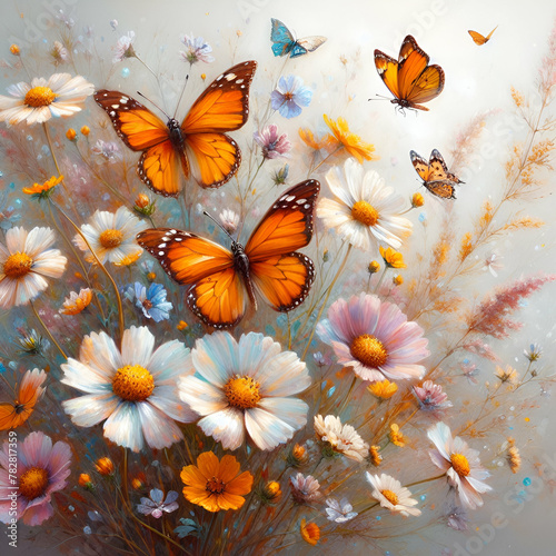 delicate wildflowers and orange butterflies painted with oil paints